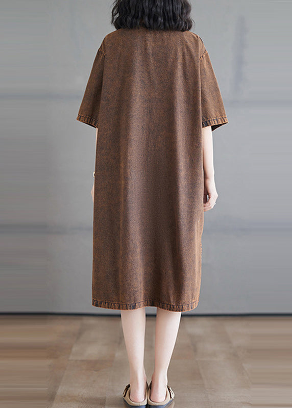 Seitlich lange Denim-O-Ausschnitt-Knopf-Kurzarm-Vintage-Open-Kleider