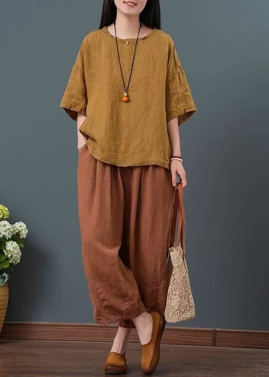 Pieces Yellow Set Summer Linen Two Oversized Vintage