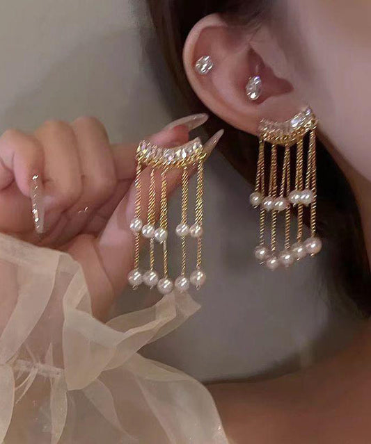 ヴォーグイヤリング 銅合金 ゴールド ドロップタッセル ジルコンパール