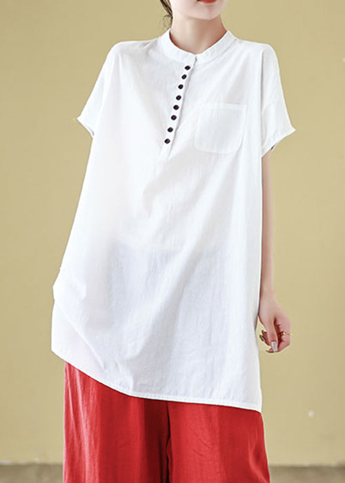 Summer T O Shirt Neck Button White Solid Cotton
