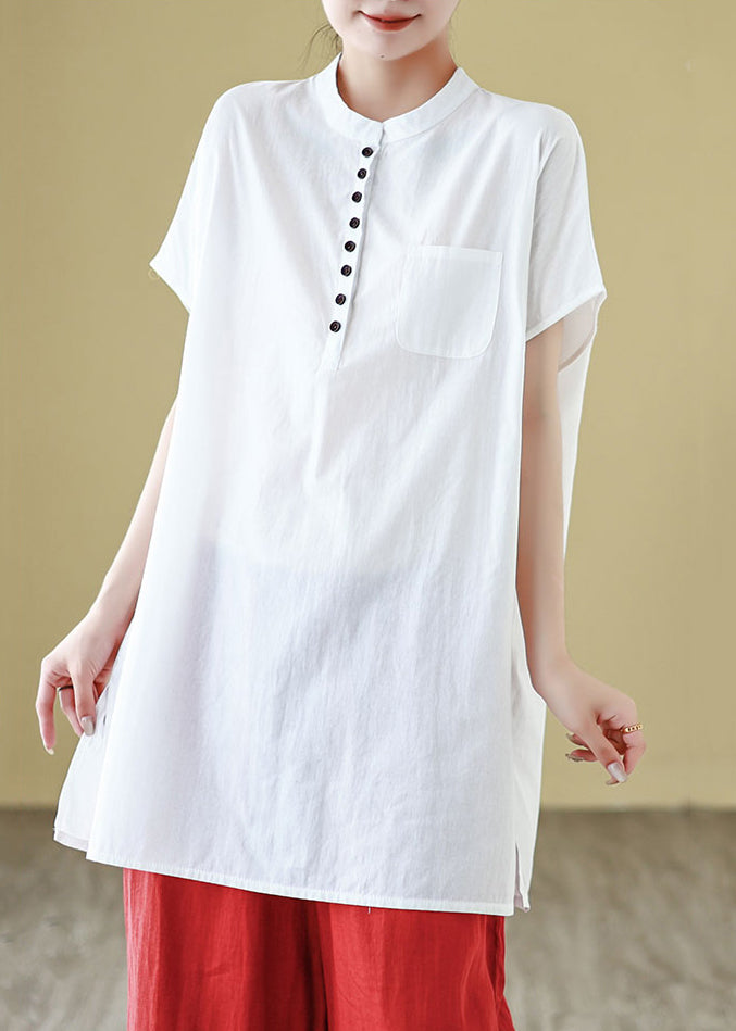 Summer T O Shirt Neck Button White Solid Cotton
