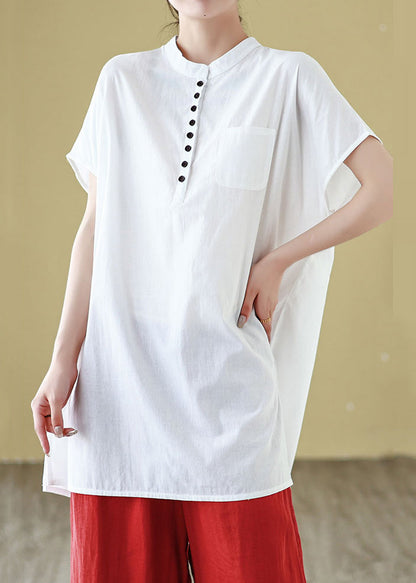 Summer T O Shirt Neck Button White Solid Cotton