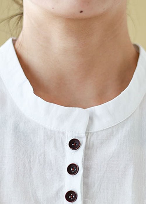 Summer T O Shirt Neck Button White Solid Cotton