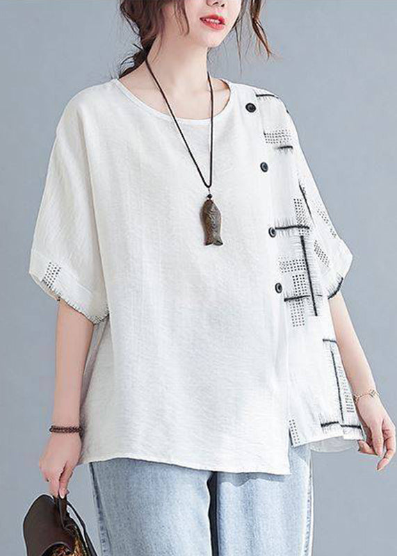 Loose Short Sleeve Top White O-Neck