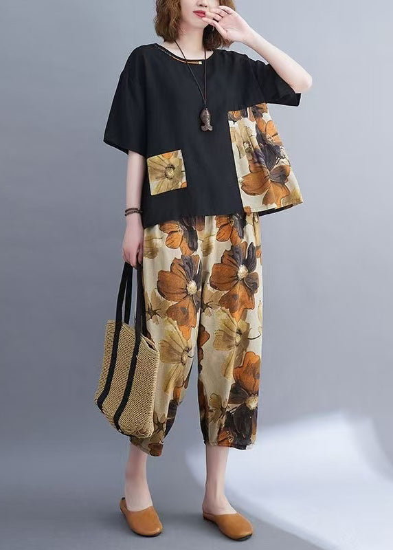 Patchwork Set Zweiteiler Damen Sommer Baumwolle Oversize Schwarz
