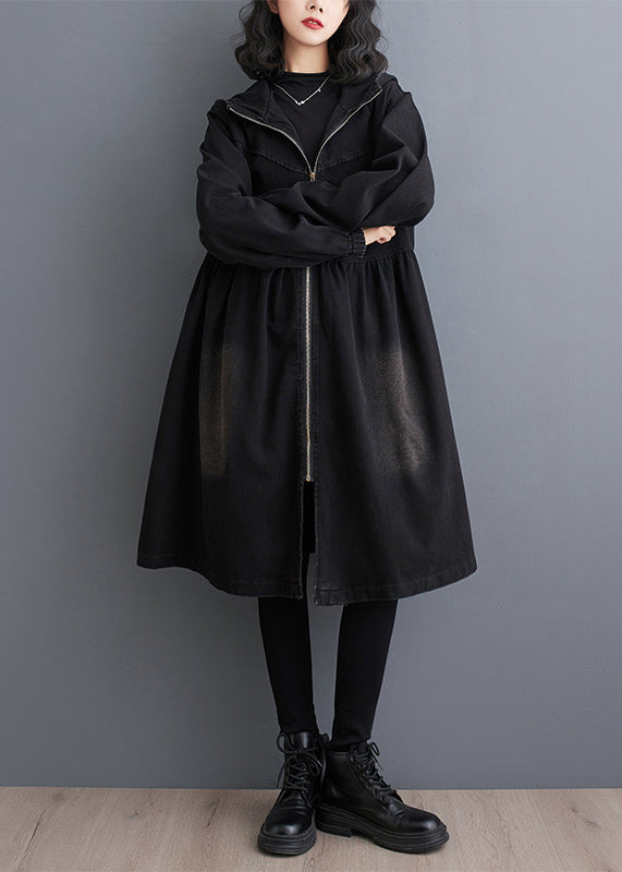 Lange Trenchcoats für Damen, Herbst, Denim, Schwarz, Mäntel, Peter-Kragen, mit Reißverschluss,