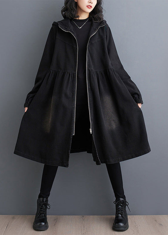 Lange Trenchcoats für Damen, Herbst, Denim, Schwarz, Mäntel, Peter-Kragen, mit Reißverschluss,