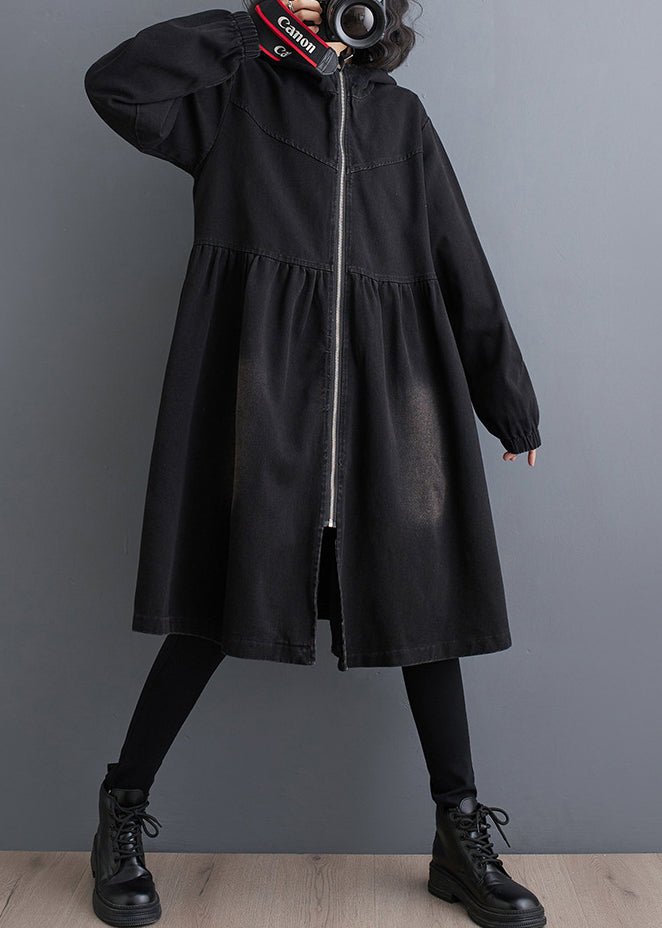 Lange Trenchcoats für Damen, Herbst, Denim, Schwarz, Mäntel, Peter-Kragen, mit Reißverschluss,