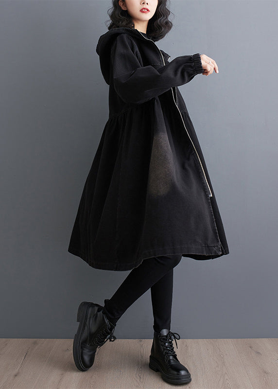 Lange Trenchcoats für Damen, Herbst, Denim, Schwarz, Mäntel, Peter-Kragen, mit Reißverschluss,