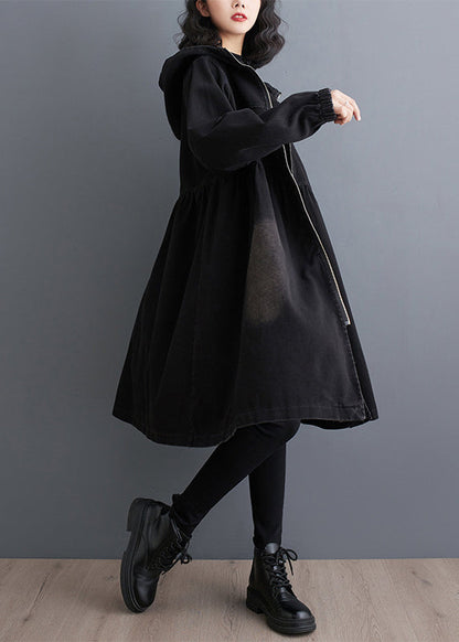 Lange Trenchcoats für Damen, Herbst, Denim, Schwarz, Mäntel, Peter-Kragen, mit Reißverschluss,