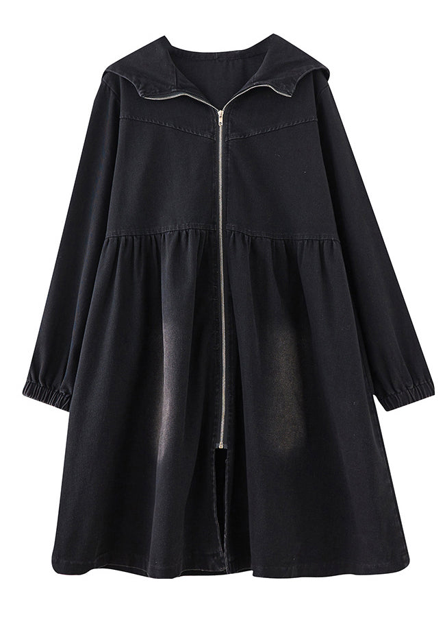 Lange Trenchcoats für Damen, Herbst, Denim, Schwarz, Mäntel, Peter-Kragen, mit Reißverschluss,
