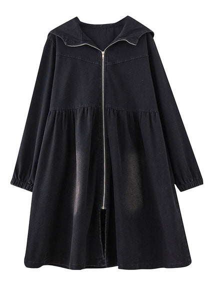 Lange Trenchcoats für Damen, Herbst, Denim, Schwarz, Mäntel, Peter-Kragen, mit Reißverschluss,