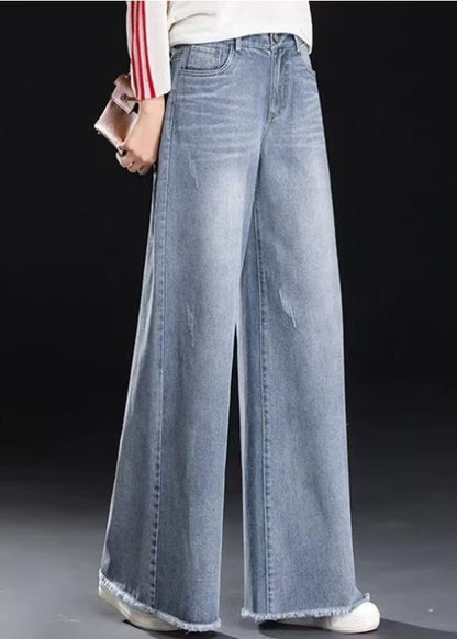 Pants Denim Light Summer Tasseled Blue Women Straight