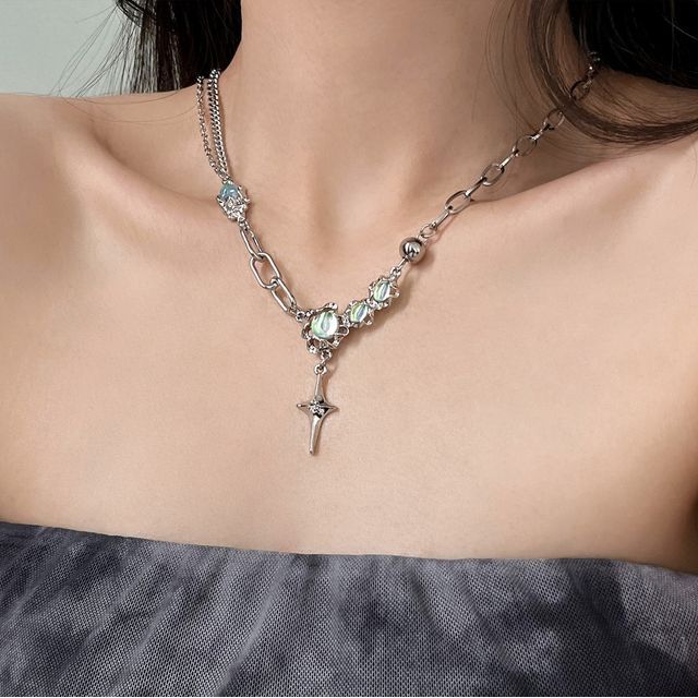 ネックレス ラインストーン ペンダント ステンレス スター ムーンストーン スチール