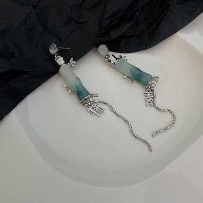 竹の目合金フェイクキャットイヤリングダングルストーン