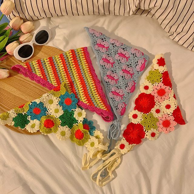 ヘッド刺繍スカーフ 花柄レース クロシェ編み