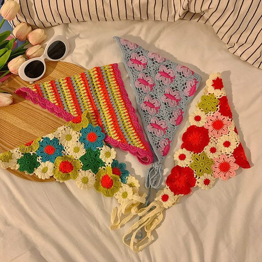 ヘッド刺繍スカーフ 花柄レース クロシェ編み