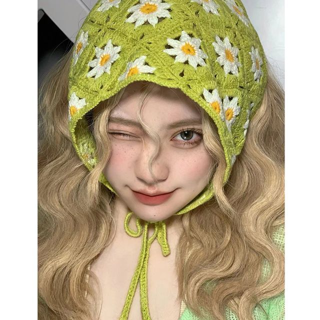 ヘッド刺繍スカーフ 花柄レース クロシェ編み