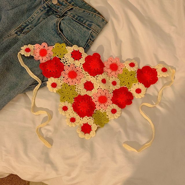 ヘッド刺繍スカーフ 花柄レース クロシェ編み