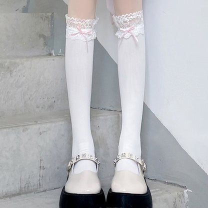 Lace Trim Tall Plain Socks Bow