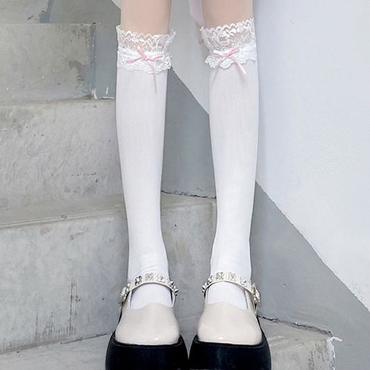 Lace Trim Tall Plain Socks Bow