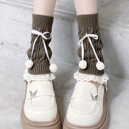 Knit Trim Lace Bobble Leg Bow Warmer