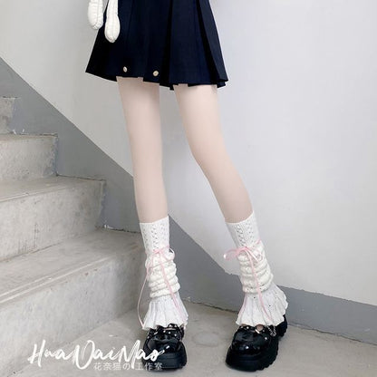 Bow Warmer Knit Pointelle Leg Shirred