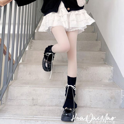 Bow Warmer Knit Pointelle Leg Shirred