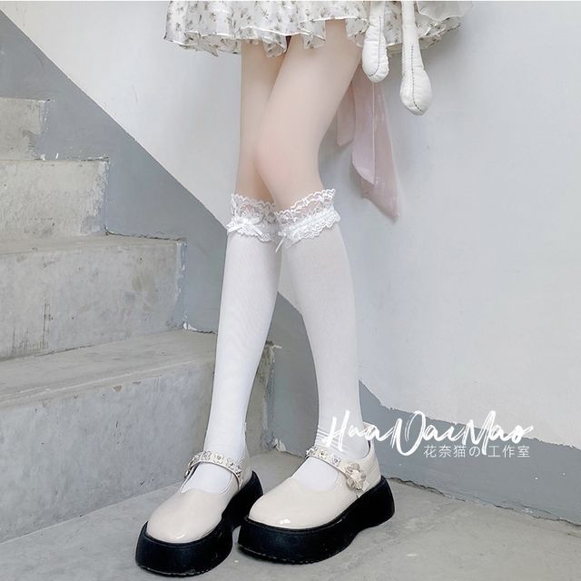 Lace Trim Tall Plain Socks Bow