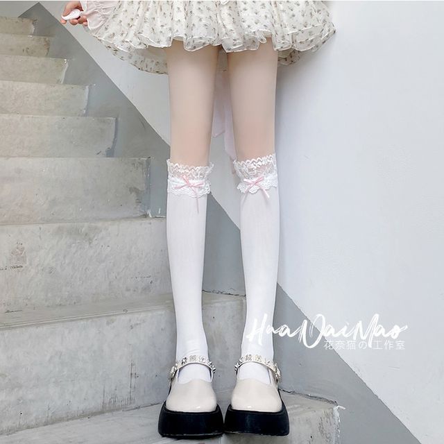 Lace Trim Tall Plain Socks Bow
