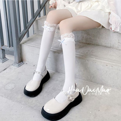 Lace Trim Tall Plain Socks Bow