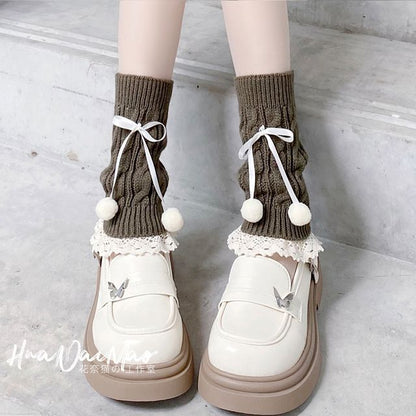 Knit Trim Lace Bobble Leg Bow Warmer
