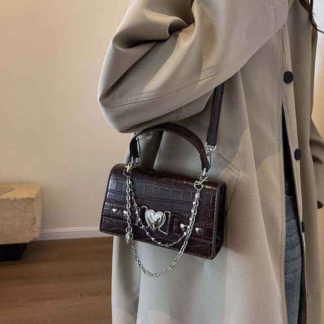 Bag Grain Buckled Croc Flap Crossbody Heart