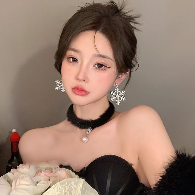 Set / Baum Armband Flauschiger Tropfen Weihnachten Schneeflocke Ohrring Choker Kronleuchter