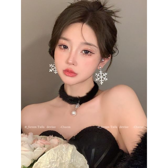 Set / Baum Armband Flauschiger Tropfen Weihnachten Schneeflocke Ohrring Choker Kronleuchter