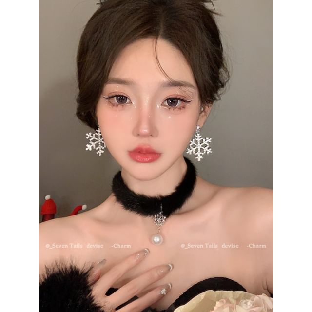 Set / Baum Armband Flauschiger Tropfen Weihnachten Schneeflocke Ohrring Choker Kronleuchter