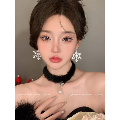 Set / Baum Armband Flauschiger Tropfen Weihnachten Schneeflocke Ohrring Choker Kronleuchter