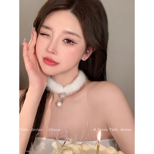 Set / Baum Armband Flauschiger Tropfen Weihnachten Schneeflocke Ohrring Choker Kronleuchter