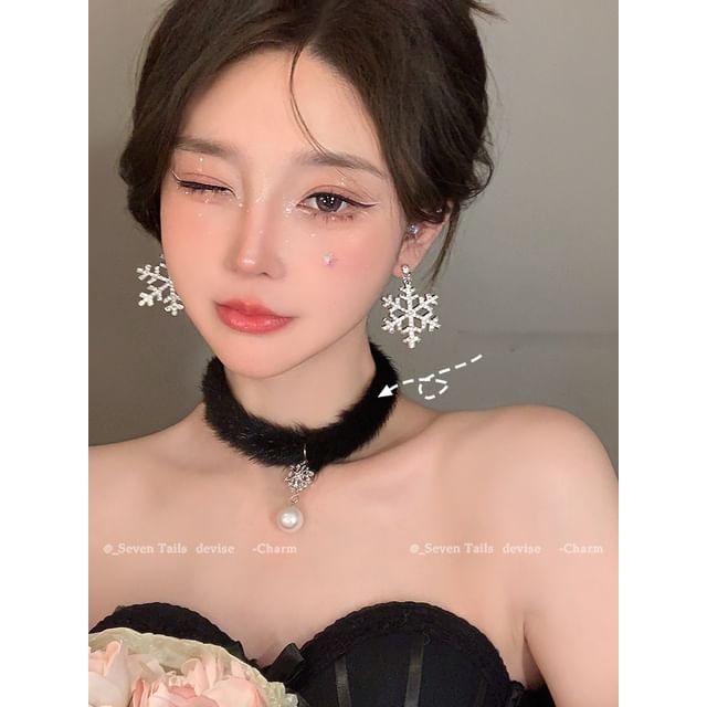 Set / Baum Armband Flauschiger Tropfen Weihnachten Schneeflocke Ohrring Choker Kronleuchter