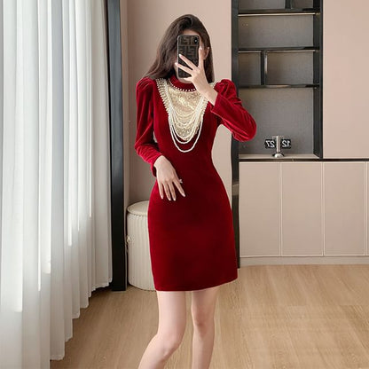 Long-Sleeve Crew Neck  Plain Velvet Mini Bodycon Dress