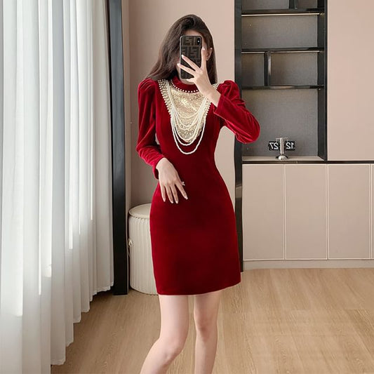 Long-Sleeve Crew Neck  Plain Velvet Mini Bodycon Dress