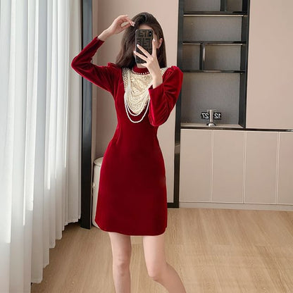 Long-Sleeve Crew Neck  Plain Velvet Mini Bodycon Dress