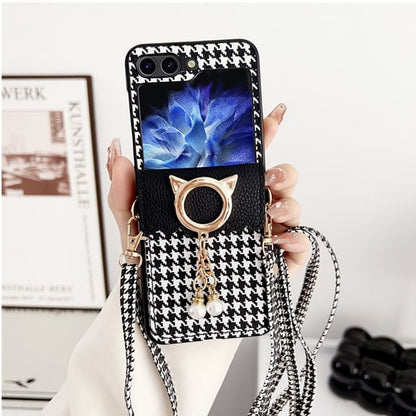 Cat Lanyard Faux Phone Case Houndstooth Pearl