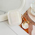 Pearl White Striped Earphone Case Cover with Shell Charm - Compatible with AirPods and AirPods Pro