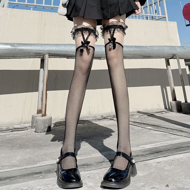 Mesh Stockings Cutout Bow Lace Trim