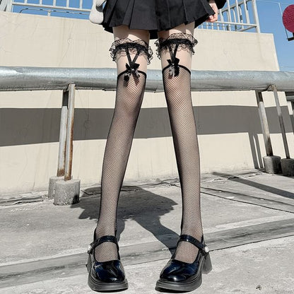 Mesh Stockings Cutout Bow Lace Trim