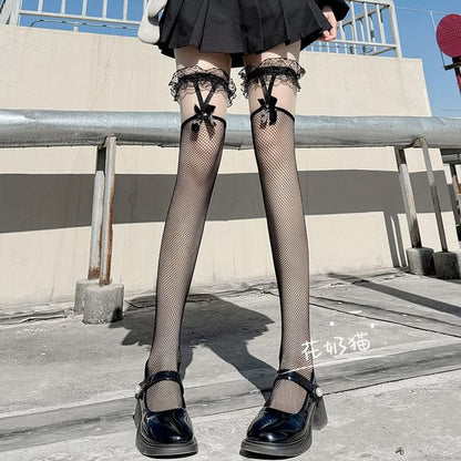 Mesh Stockings Cutout Bow Lace Trim