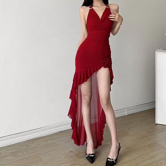 Halter Cowl Neck Plain Ruffle Asymmetrical Sheath Dress