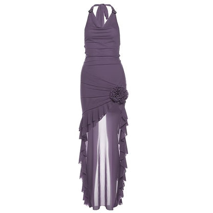 Halter Cowl Neck Plain Ruffle Asymmetrical Sheath Dress