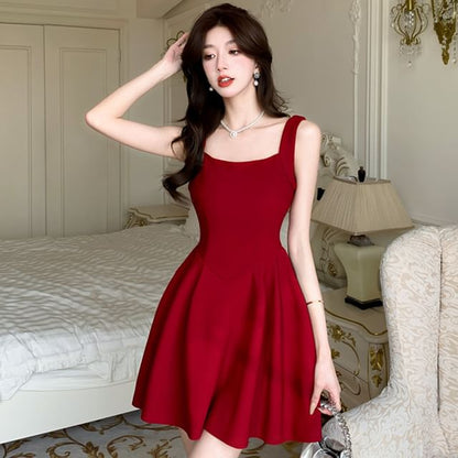 Sleeveless Square Neck Plain Mini A-Line Dress